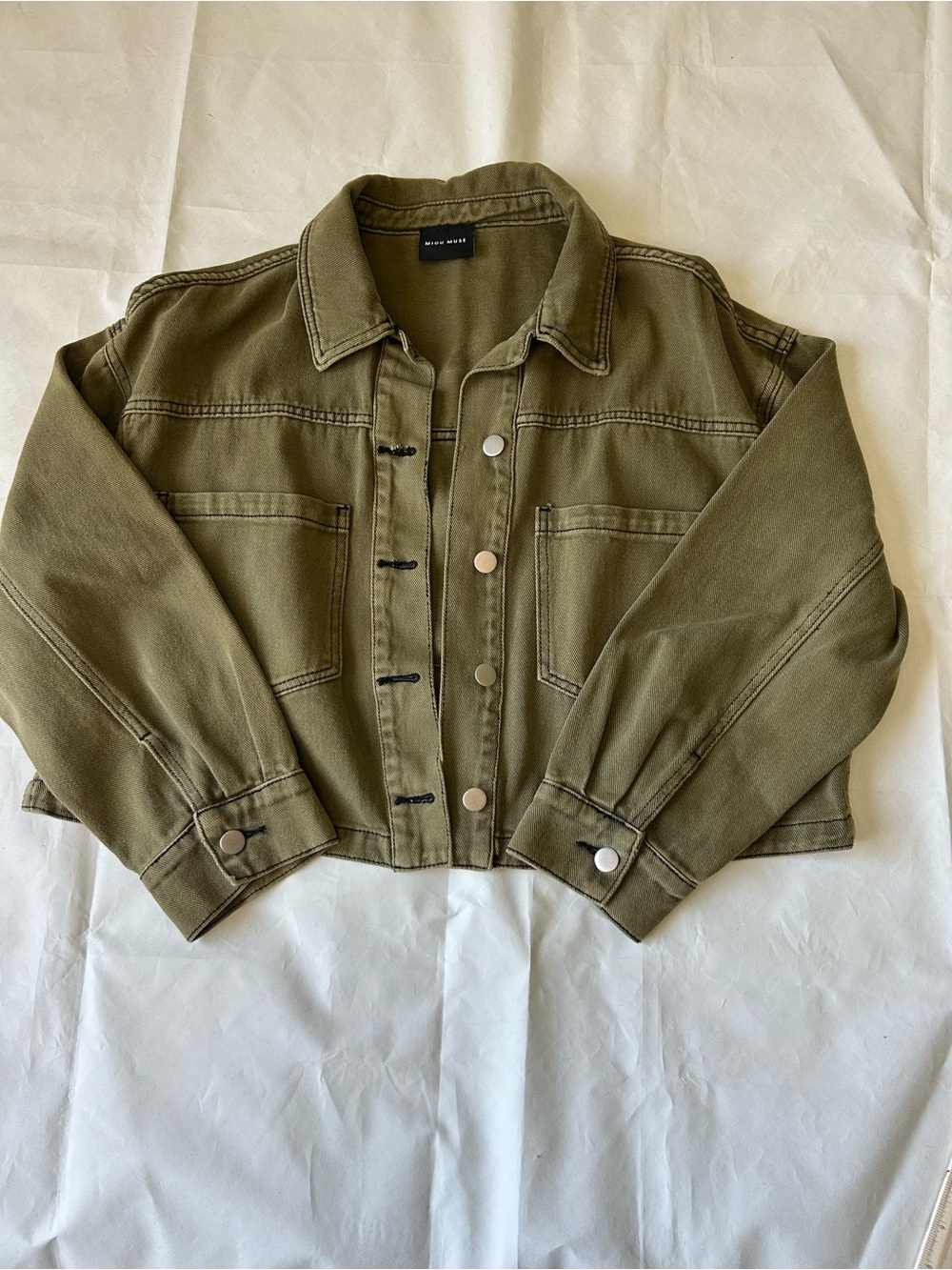 Miou muse Cropped Olive Utility Jean Jacket - Women’s Size Small